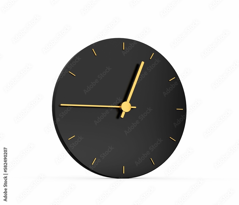 Design of a premium black clock with gold arrows showing 12:45 isolated on white background Design of a premium black clock with gold arrows showing 12:45 isolated on white background