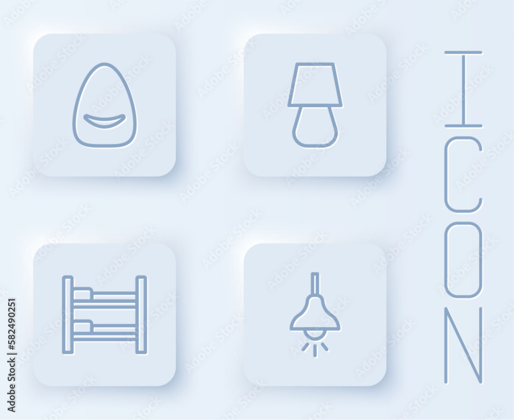 Set line Pouf, Table lamp, Bunk bed and Lamp hanging. White square button. Vector Set line Pouf, Table lamp, Bunk bed and Lamp hanging. White square button. Vector