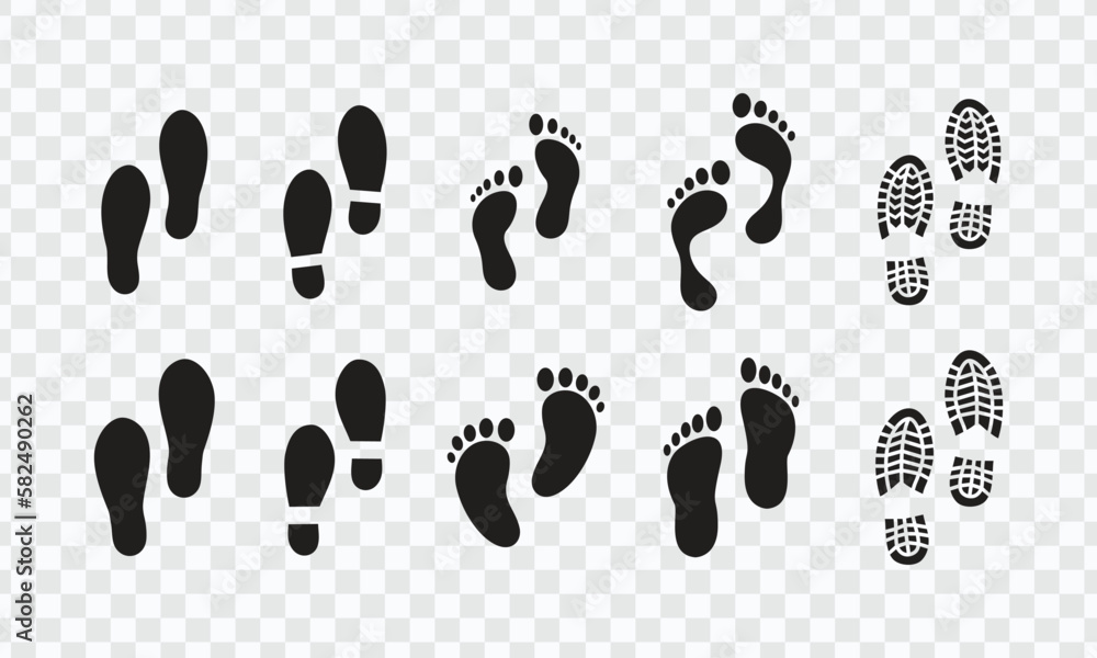 Collection different human footprints Vector Illustration. boot sole, bare feet, Baby footprint, vector icon. transparent background Collection different human footprints Vector Illustration. boot sole, bare feet, Baby footprint, vector icon. transparent background