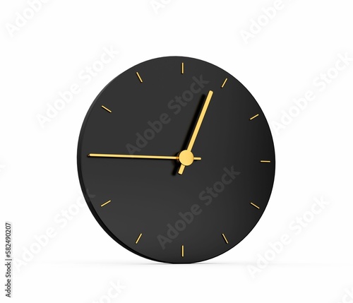 Design of a premium black clock with gold arrows showing 12:45 isolated on white background