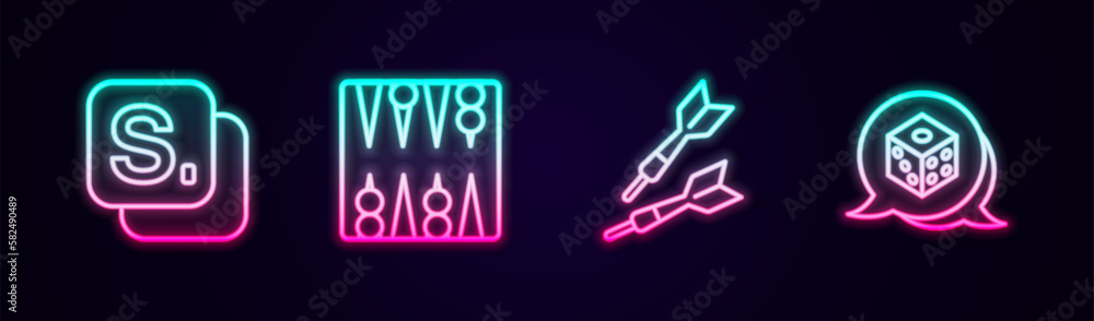Obraz premium Set line Bingo, Backgammon board, Dart arrow and Game dice. Glowing neon icon. Vector