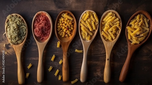 Different pasta types in wooden spoon, generative ai