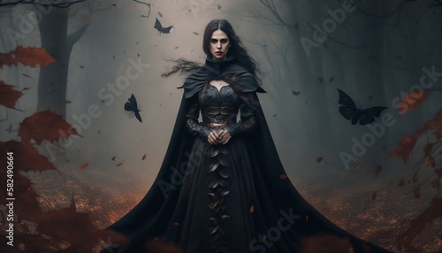Beautiful Dark Sorceress Woman in Black Dress Gown against Misty Forest 