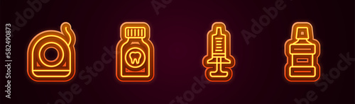 Set line Dental floss, Toothache painkiller tablet, Syringe and Mouthwash. Glowing neon icon. Vector