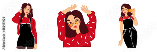Beautiful girl. Flat, red, set of fashionable girls. Vector illustration