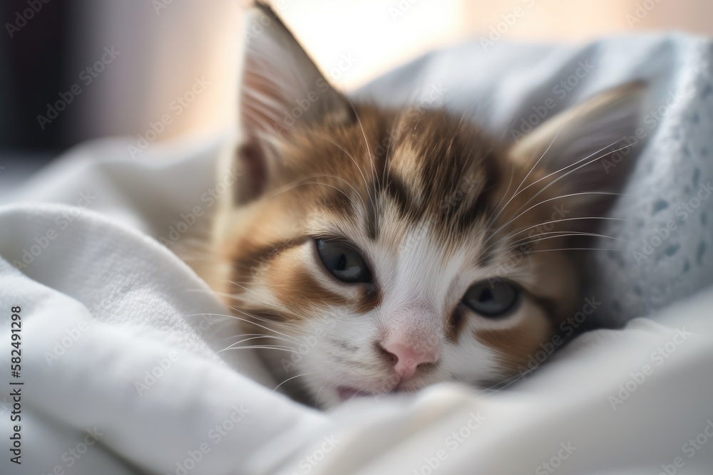 Cute kitty in closeup waking up from a night of sleep on a white blanket. Generative AI