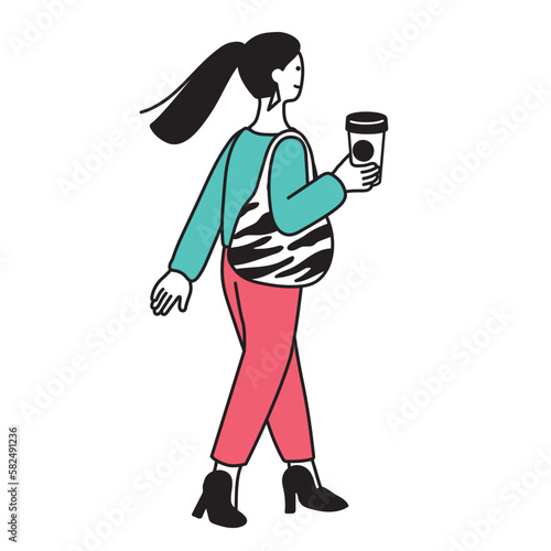 コーヒーを持って歩く女性のシンプルなイラスト
