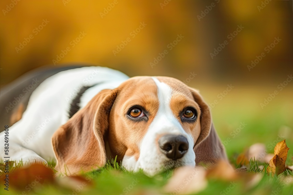 Lovely young beagle dog was lying on the grass. Generative AI