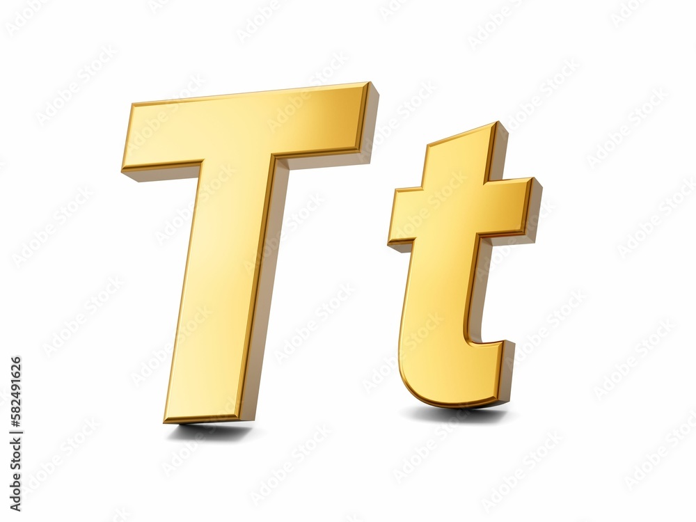 Fototapeta premium 3D illustration of a golden capital and small letter Tt isolated on a white background