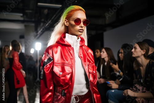 Fierce Fashionista Strutting on Runway Under Shamrock Green Lights. Generative AI.
