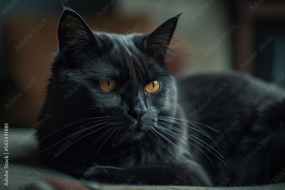 Black cat taking a nap on a sofa. Generative AI