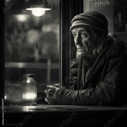 Generative AI - A homeless woman sitting at a window looking out the window at the rain outside , cinematic photography, photorealism