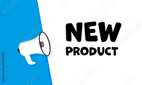 Banner new product. Flat, white, blue, advertising of a new product. Vector illustration.