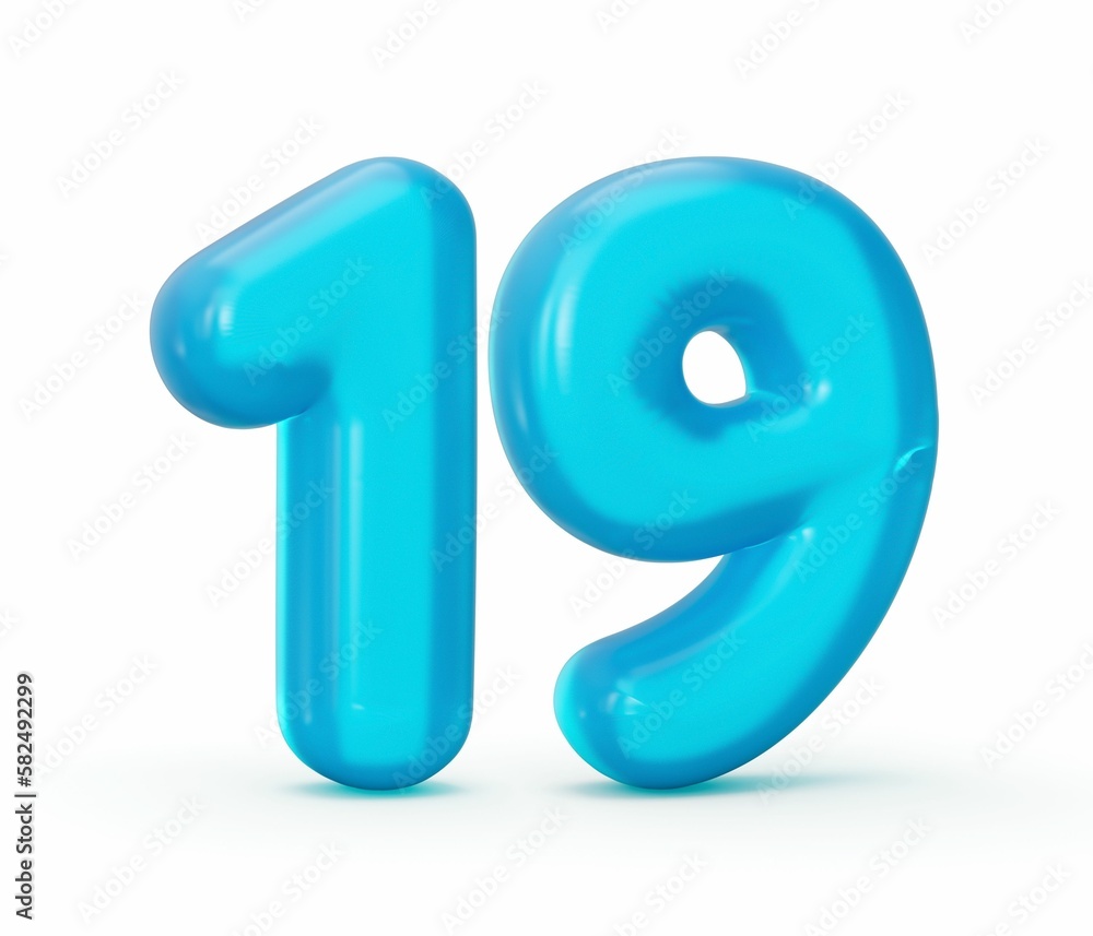 3D illustration of a blue jelly-shaped digit nineteen isolated on a white background 3D illustration of a blue jelly-shaped digit nineteen isolated on a white background