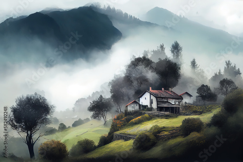 idyllic autumn landscape with cold morning fog on hillside in mountainous rural area. Generative Ai