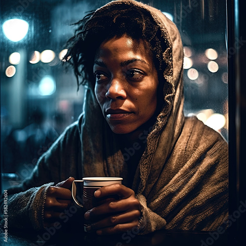 Generative AI - A homeless African America woman sitting at a table with a cup of coffee in her hand and a hoodie on her head, cinematic photography, a stock photo, neoism