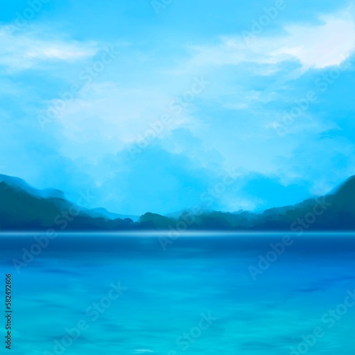 Painting of the sea and sand beach in the sunlight and clouds against a blue sky background.