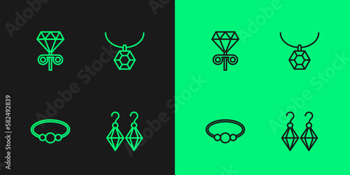 Set line Earrings, Bracelet jewelry, Stud earrings and Pendant on necklace icon. Vector