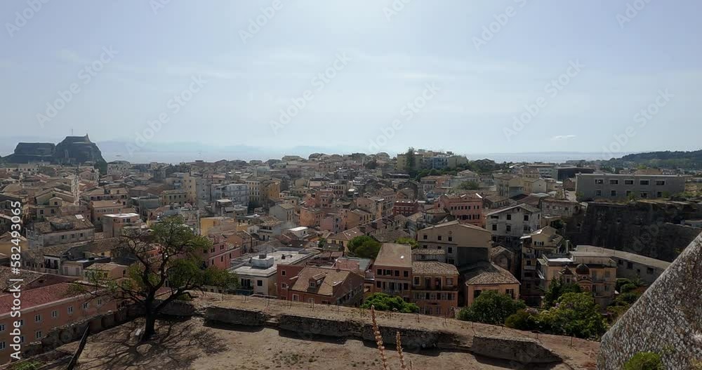 Panoramic view of Spyridon church and old fortress of Kerkyra, capital of Corfu island, Greece from new venetian fortress Panoramic view of Spyridon church and old fortress of Kerkyra, capital of Corfu island, Greece from new venetian fortress