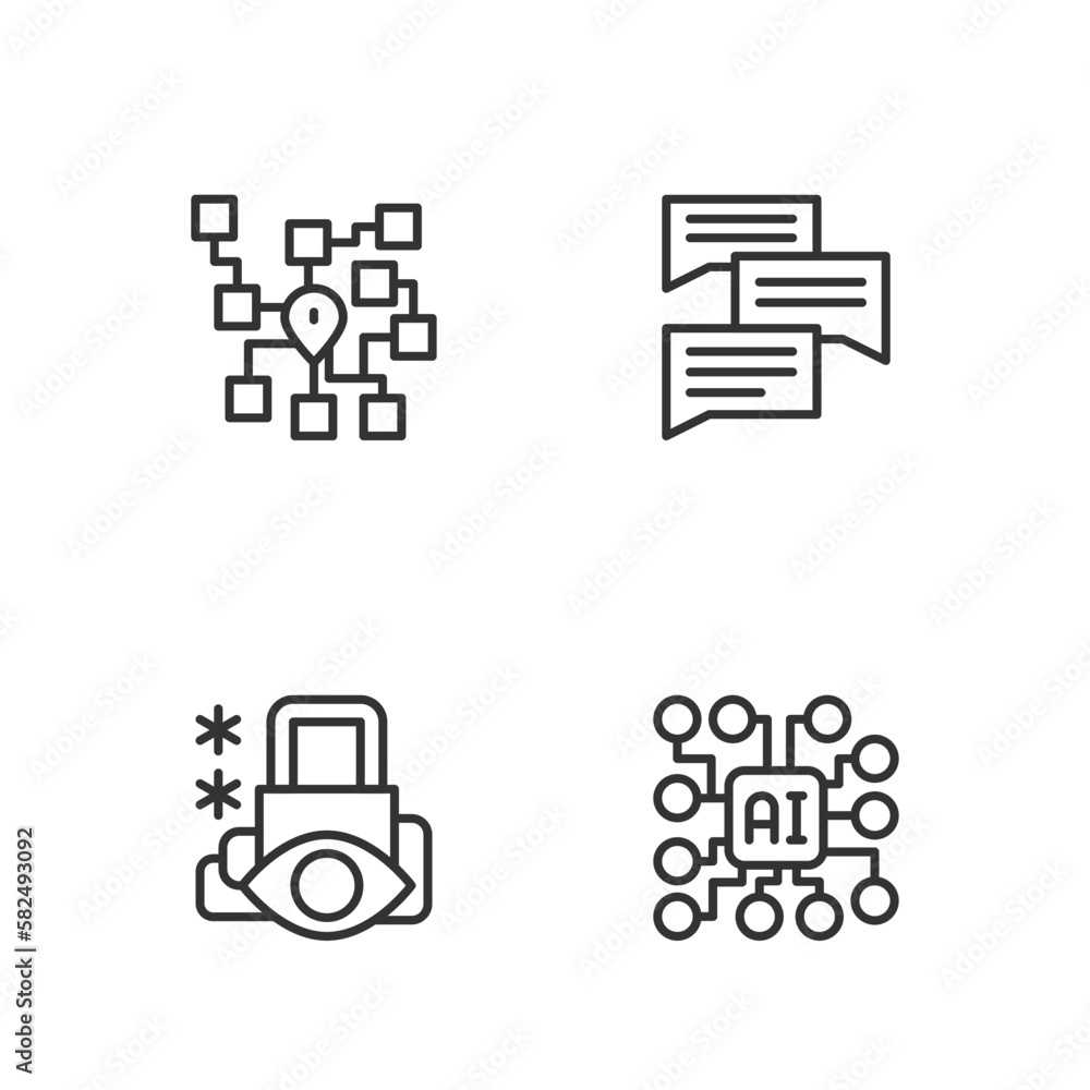 Set line Neural network, Cyber security, and Speech bubble chat icon. Vector Set line Neural network, Cyber security, and Speech bubble chat icon. Vector