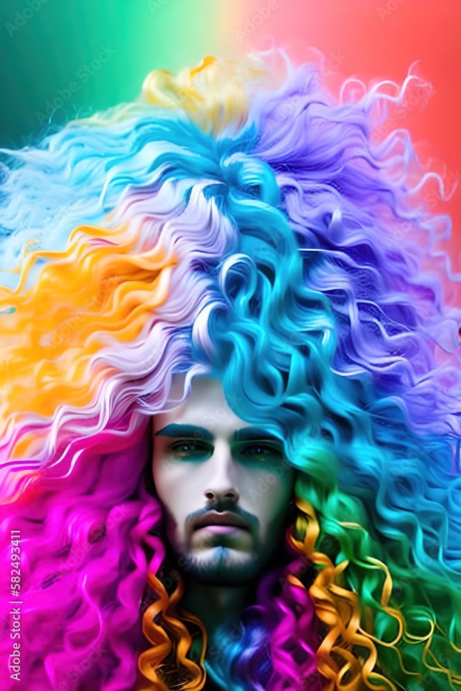 Beautiful man with rainbow colored hair. LGBTQ. Diversity, tolerance, inclusion concept,
pride month celebration, pride day. Fashionable person, colorful close-up portrait. Generative Ai