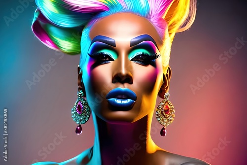 Drag queen portrait with vibrant makeup and colorful hair, female impersonation, performance art. LGBTQ. Diversity, tolerance, inclusion concept, pride month celebration, pride day. Ai generative 