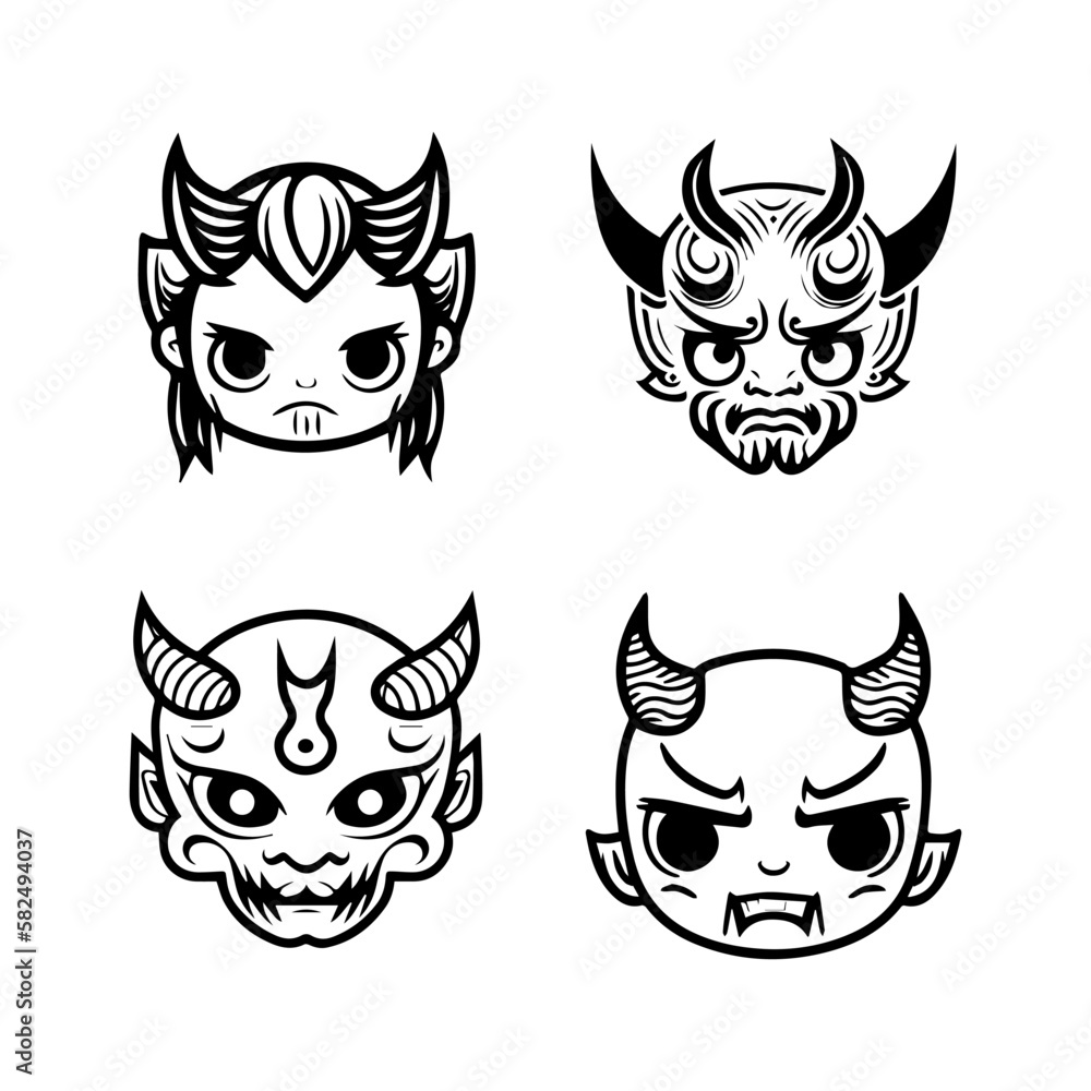 Delightful Hand drawn kawaii oni mask collection set, showcasing cute