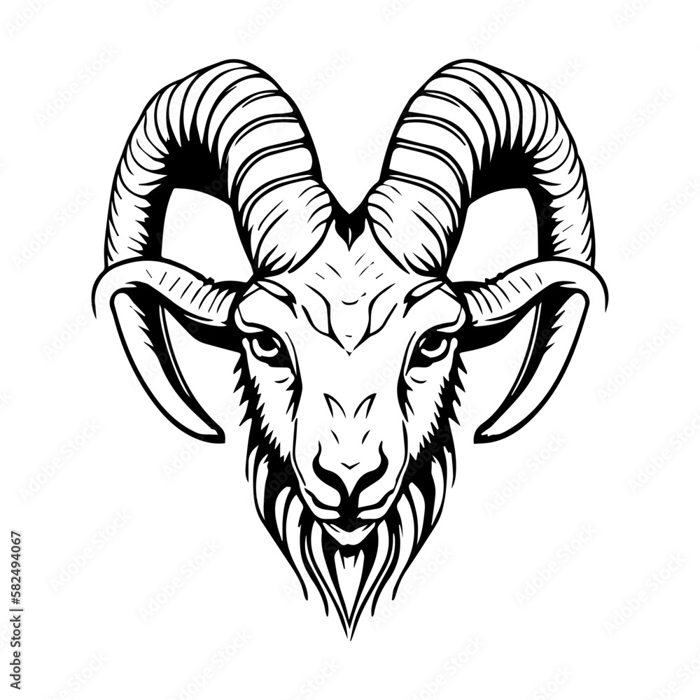 Intriguing and powerful Hand drawn line art illustration of a goat head