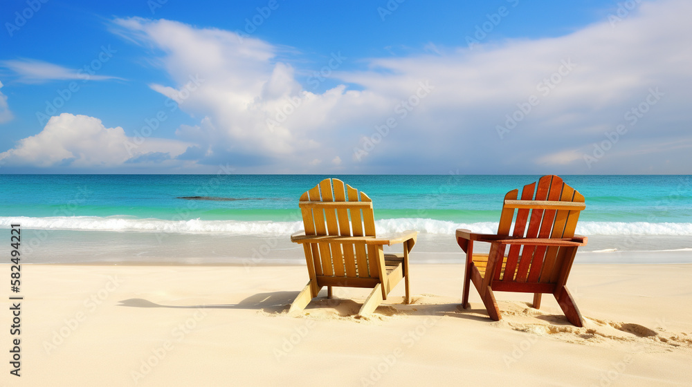 Two chairs on the tropical beach. AI
