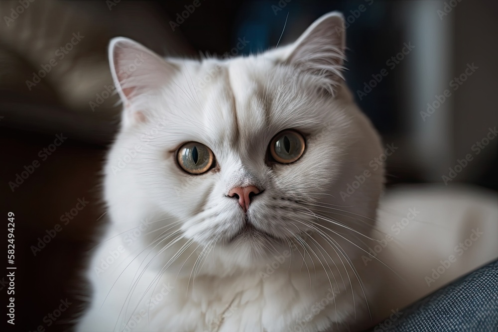 Blue eyes and a white Scottish fold cat. Generative AI