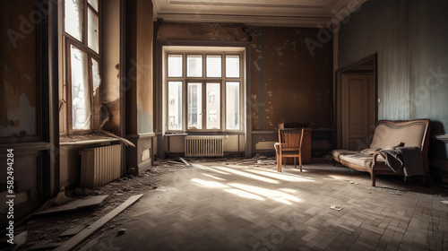 Abandoned living room interior. AI © Oleksandr Blishch