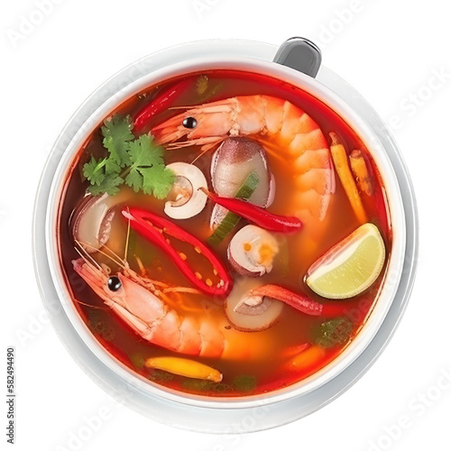 Thai food - tom yum goong (spicy shrimp soup) , isolated on transparent background cutout , generative ai photo