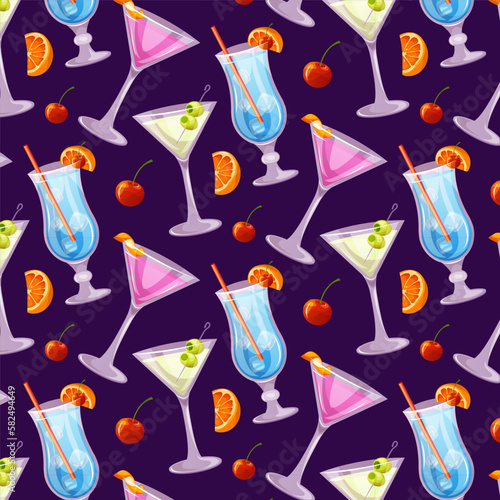 Seamless pattern of Blue lagoon, Martini, Cosmopolitan classic cocktails. Italian aperitif cocktail. Alcoholic beverage for drinks bar menu. Beach Holidays, summer vacation, party, cafe, recreation. 