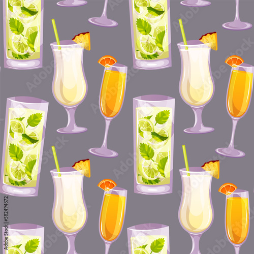 Seamless pattern with mojito, mimosa, pina colada classic cocktail. Italian aperitif cocktails. Alcoholic beverage for drinks bar menu. Beach Holidays, summer vacation, party, cafe bar, recreation. 