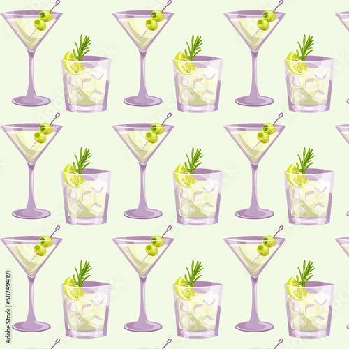 Seamless pattern with Martini , Gin tonic classic cocktail. Italian aperitif cocktails. Alcoholic beverage for drinks bar menu. Beach Holidays, summer vacation, party, cafe bar, recreation. Vector