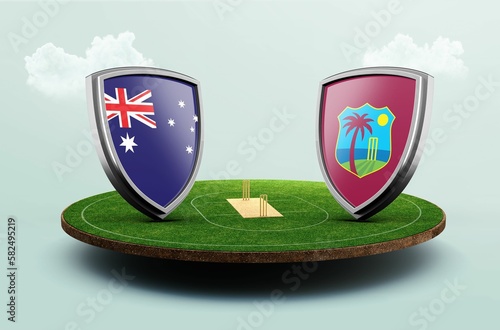 3D rendering of Australia vs West Indies cricket flags with shield on Cricket stadium