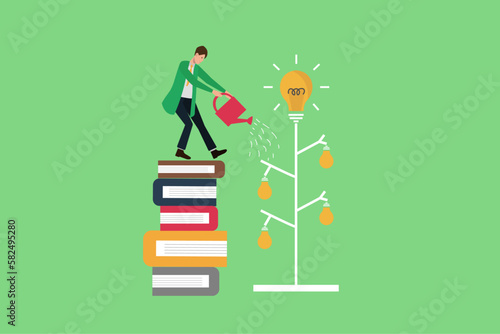 grow idea, personal mindset growth, business development, practice day to success, a man stand on his books and watering to seed of head idea