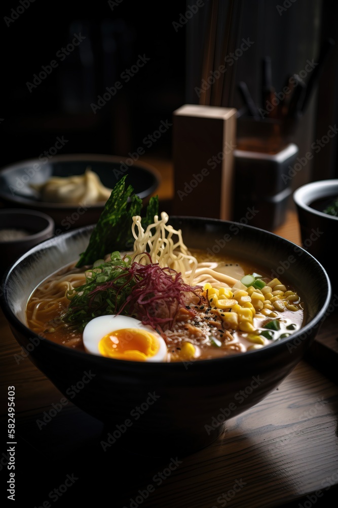 Ramen in a bowl. Delicious japanese noodles. Generative AI.