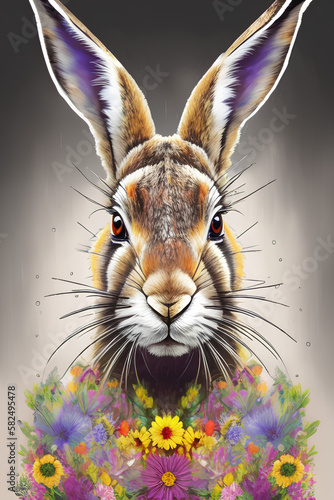 Gentle spring illustration - rabbit with flowers. Nursery decor, wall art, printable illustration. generative AI 
