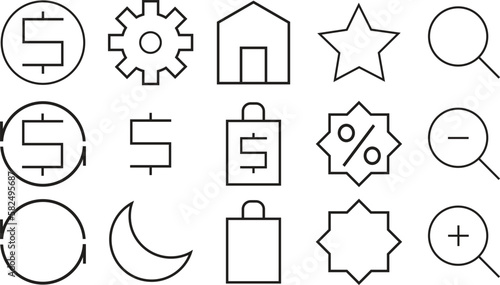 Set of icons. There are many kind of icons for using design. Home, bag, zoom out, zoom in, doller, search, setting, round.