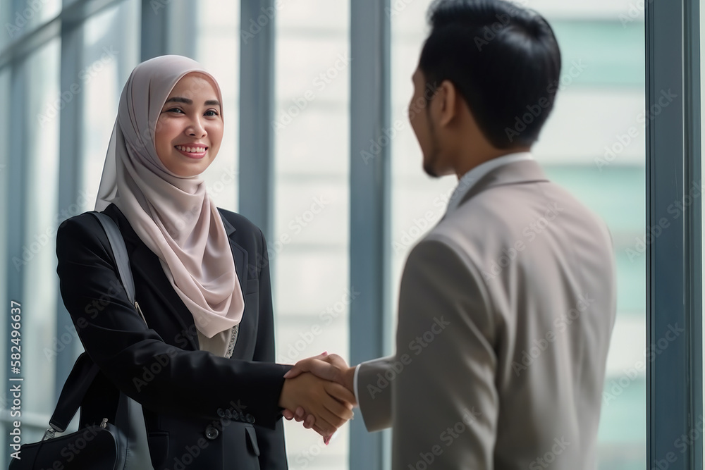 A Malay business man and a woman shaking hands. Generative AI