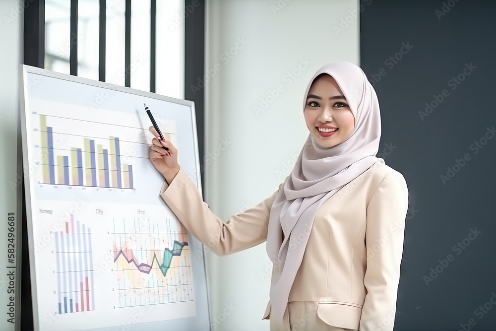 A woman in a hijab stands in front of a whiteboard with a graph on it. Generative AI