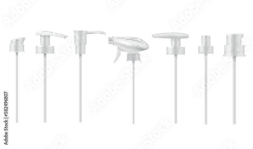 Cosmetic bottle pumps different shape dispenser for package set realistic vector illustration
