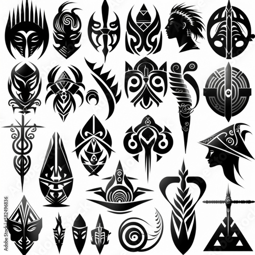 some tribal tattoo in large icons set in black. generative ai
