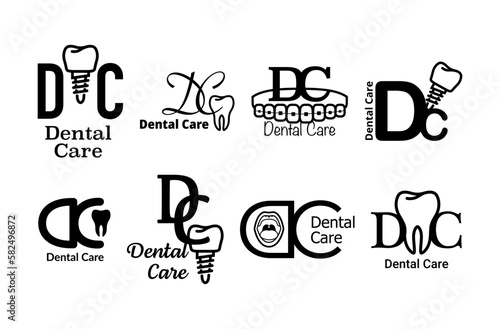 Dental care black monochrome line logo dentistry clinic design template emblem set vector