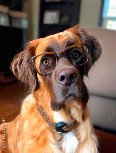 Smart face of a big dog wearing glasses. Dog in collar sitting indoors looking at camera. Blurred backdrop. Generative AI.