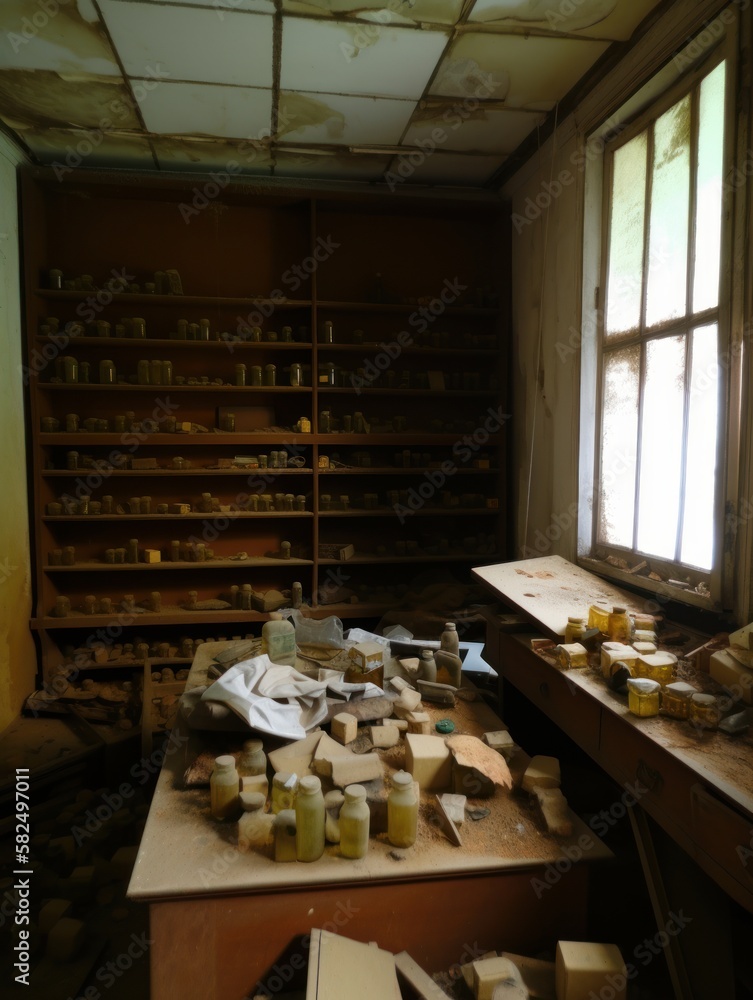 Old abandoned room with lots of garbage. Multiple bottles and boxes on the shelves, table and the floor. Generative AI.