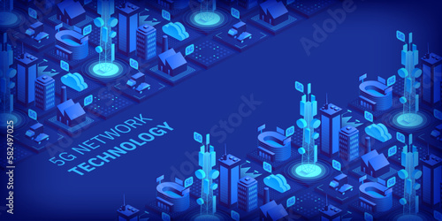 5g network technology concept. Wireless mobile telecommunication service. City buildings with telecommunication towers. Marketing website landing template. Isometric vector illustration.