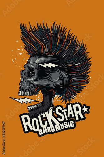 Original vector illustration in vintage style. Punk rocker skull with hairstyle. Design for T-shirt or sticker. A design element.