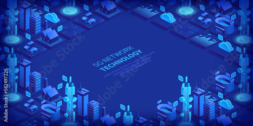 5g network technology concept. Wireless mobile telecommunication service. City buildings with telecommunication towers. Marketing website landing template. Isometric vector illustration.